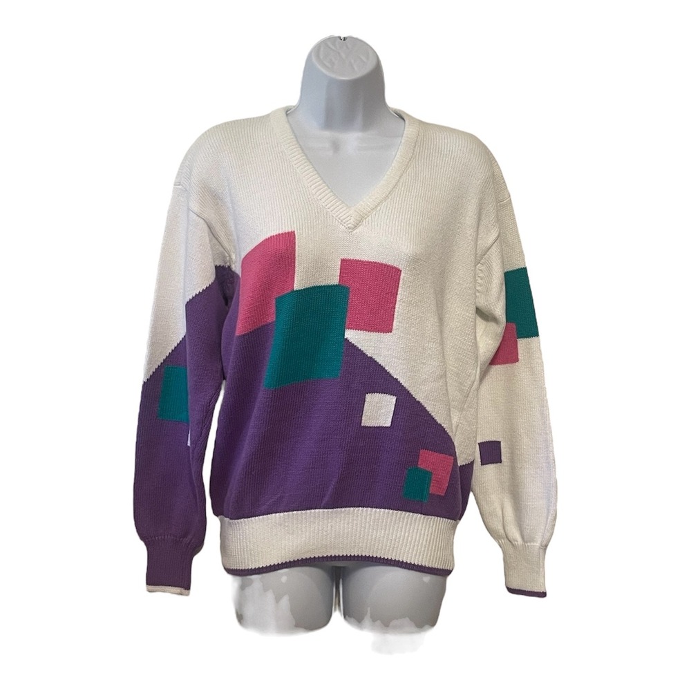 Retro Geometric‎ Abstract V Neck Sweater Pullover Top Women's M